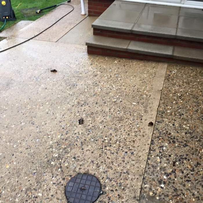 Concrete path and paved step cleaned using out professional pressure washer
