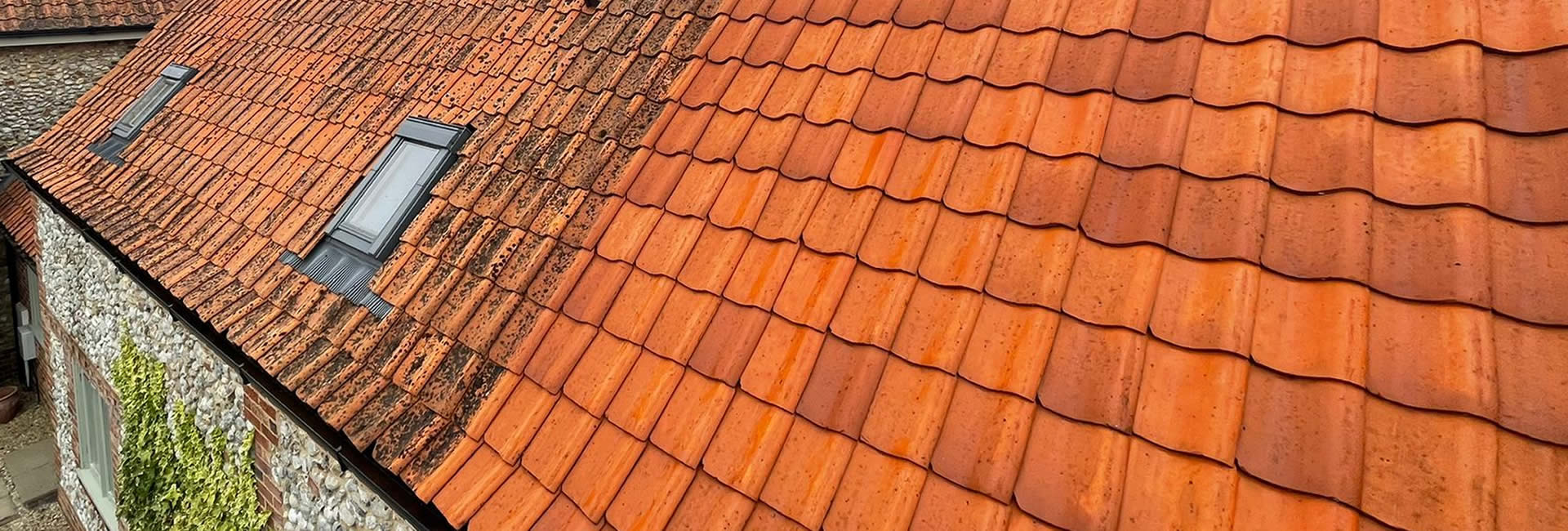 Old farmhouse half clean roof/half old dirty roof