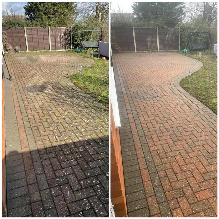 before and after pressure washing brickweave patio in Attleborough Norfolk