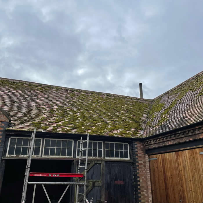 Outbuildings covered in moss and debris in Holt, Norfolk